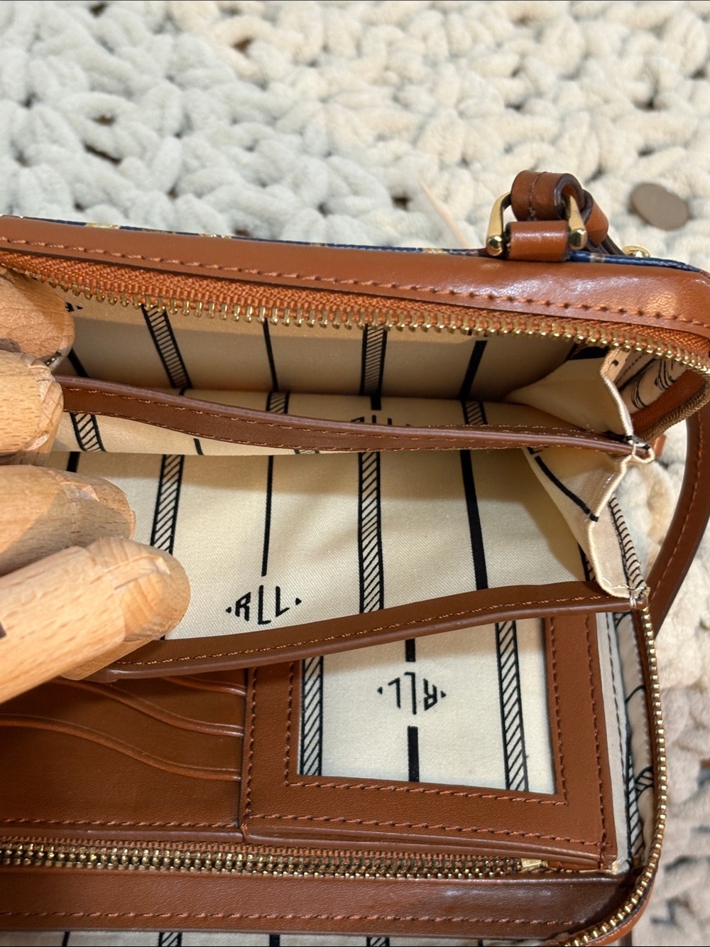 Lauren Ralph Lauren Navy Blue and Brown Printed Crossbody Wallet - Picture 13 of 17